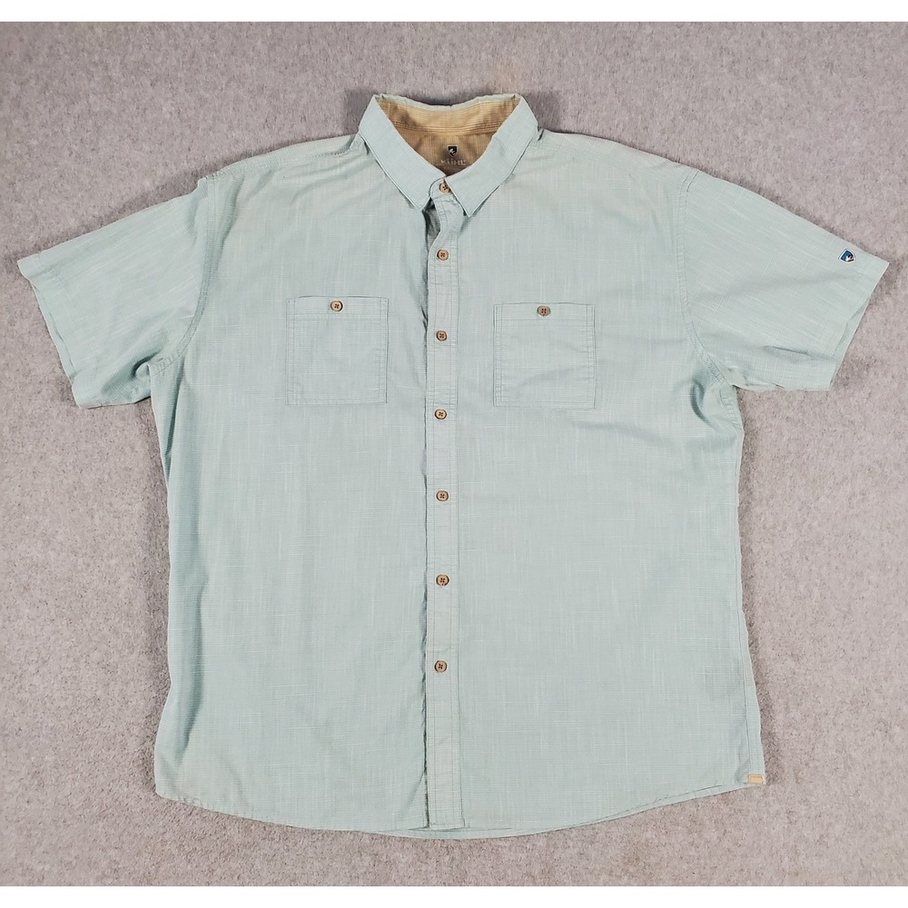 Kuhl Shirt Mens 2XL Blue/Green Short Sleeve Karib Outdoor Hiking Camping Casual